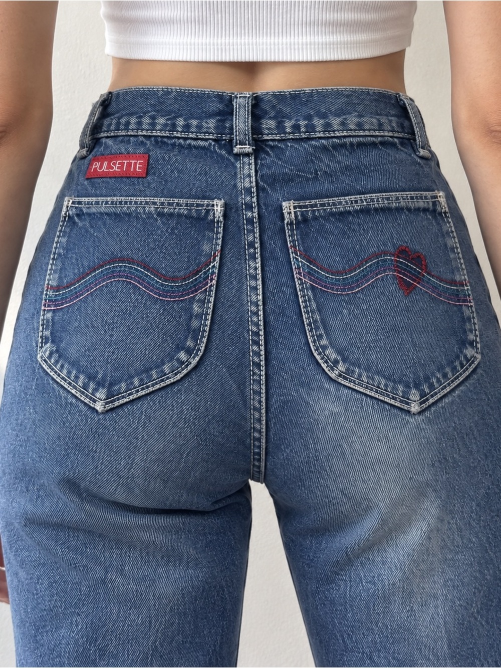 Vintage 80s High Rise Cigarette Jeans Pulsette Embroidered Heart Waist 23–24”